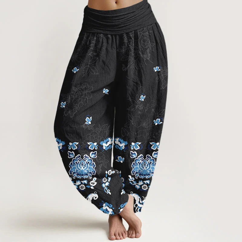 Buddha Stones Pure Cotton Elegant Classic Flower Butterfly Pattern Women's Elastic Waist Harem Pants