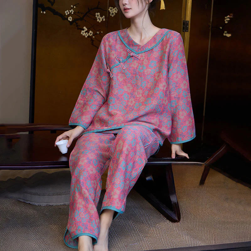 Buddha Stones 2pcs Floral Pattern Frog-Button Long Sleeve Round Neck Shirt Pants Cotton Pajamas Set