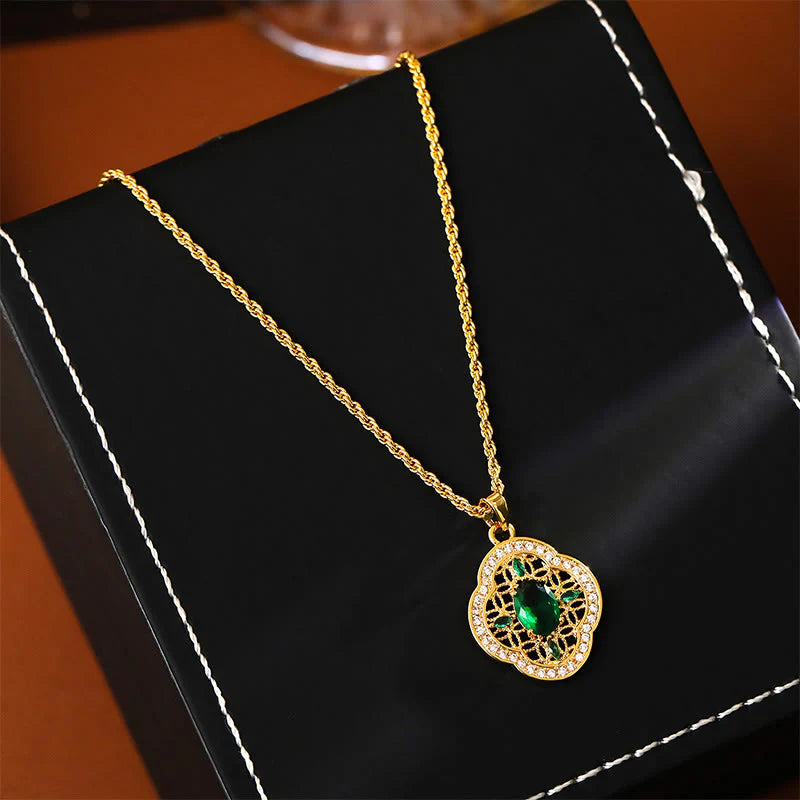Buddha Stones Four Leaf Clover Hollow Design Copper Plated Gold Chain Luck Necklace Pendant