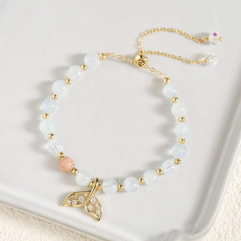 Buddha Stones Natural Aquamarine Gold-Plated Copper Fish Tail Serenity Bracelet