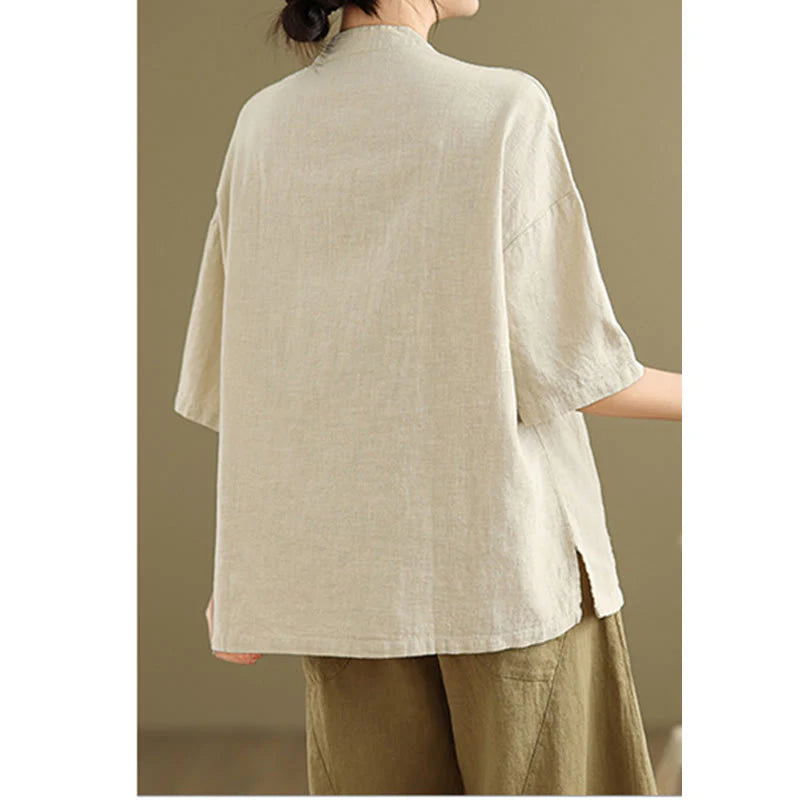 Buddha Stones Plain Chinese Frog-Button Stand Collar Design Women's Cotton Linen Half Sleeve Shirt