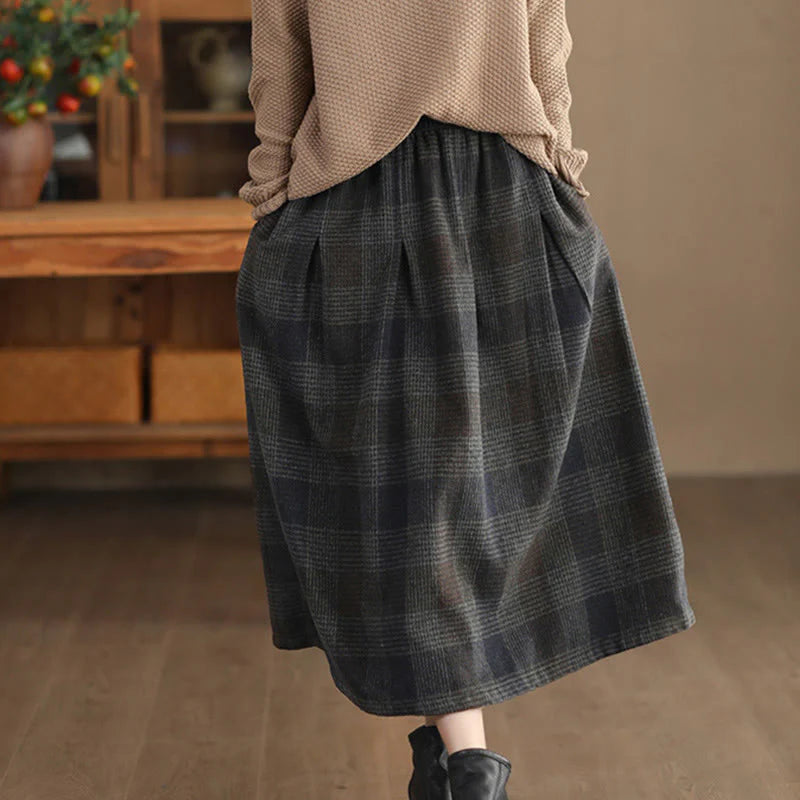 Buddha Stones Women's Winter Plaid Pattern Cotton Thermal 7-8 Length Skirt With Pockets
