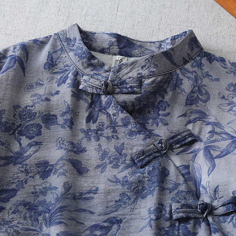 Buddha Stones Flower Leaf Print Frog-Button Half Sleeve Mandarin Collar Cotton Midi Dress