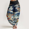 Buddha Stones Pure Cotton Auspicious Clouds Red Blossoms Swallow Ocean Waves Women's Elastic Waist Harem Pants