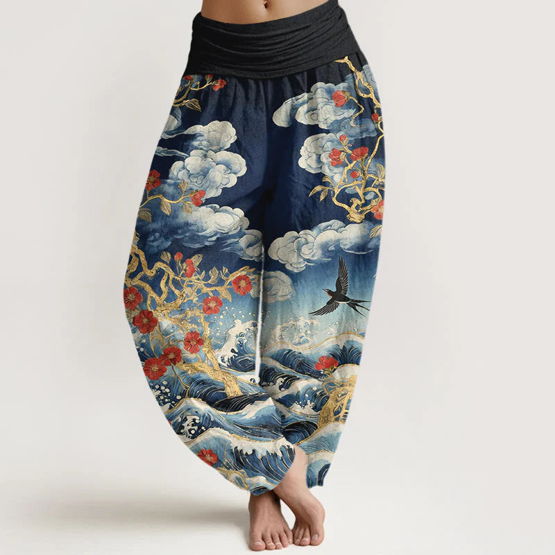 Buddha Stones Pure Cotton Auspicious Clouds Red Blossoms Swallow Ocean Waves Women's Elastic Waist Harem Pants