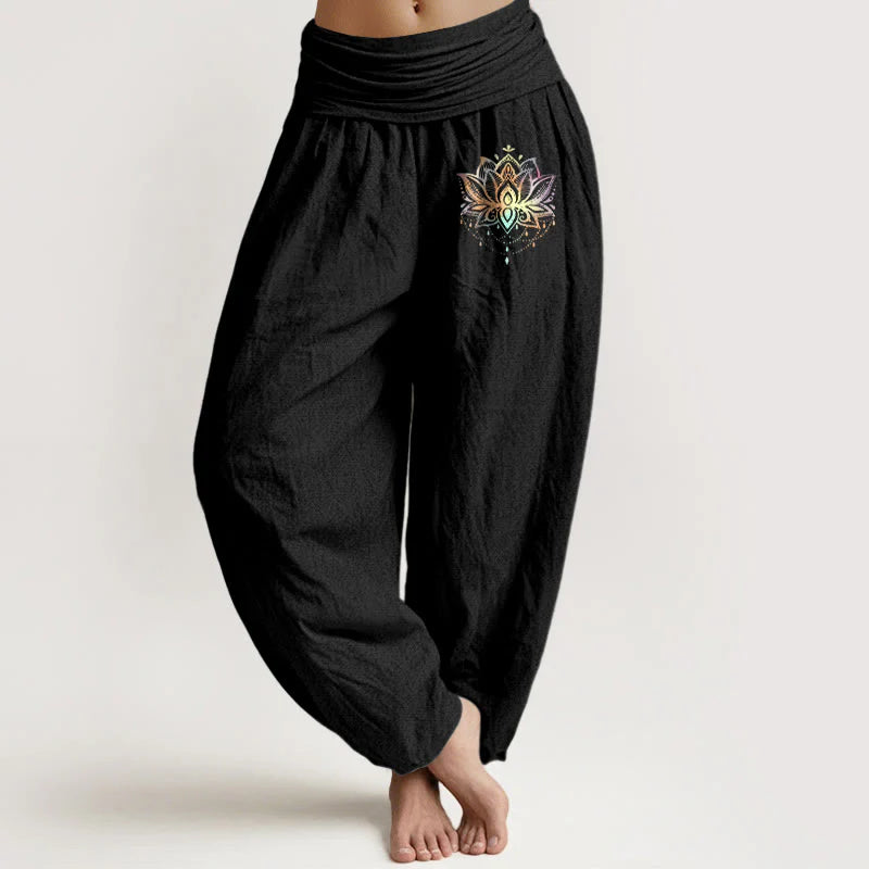 Buddha Stones Pure Cotton Rainbow-colored Lotus Pattern Women's Elastic Waist Harem Pants