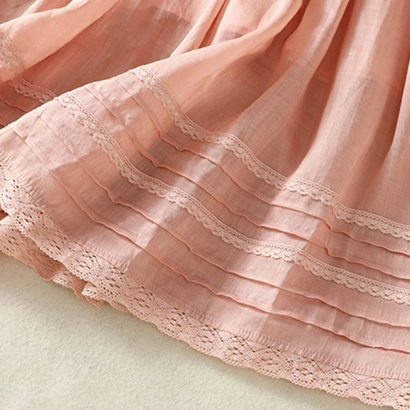 Buddha Stones Summer Plain Drawstring Lace Patchwork Design Women's Cotton Linen 7-8 Length Skirt