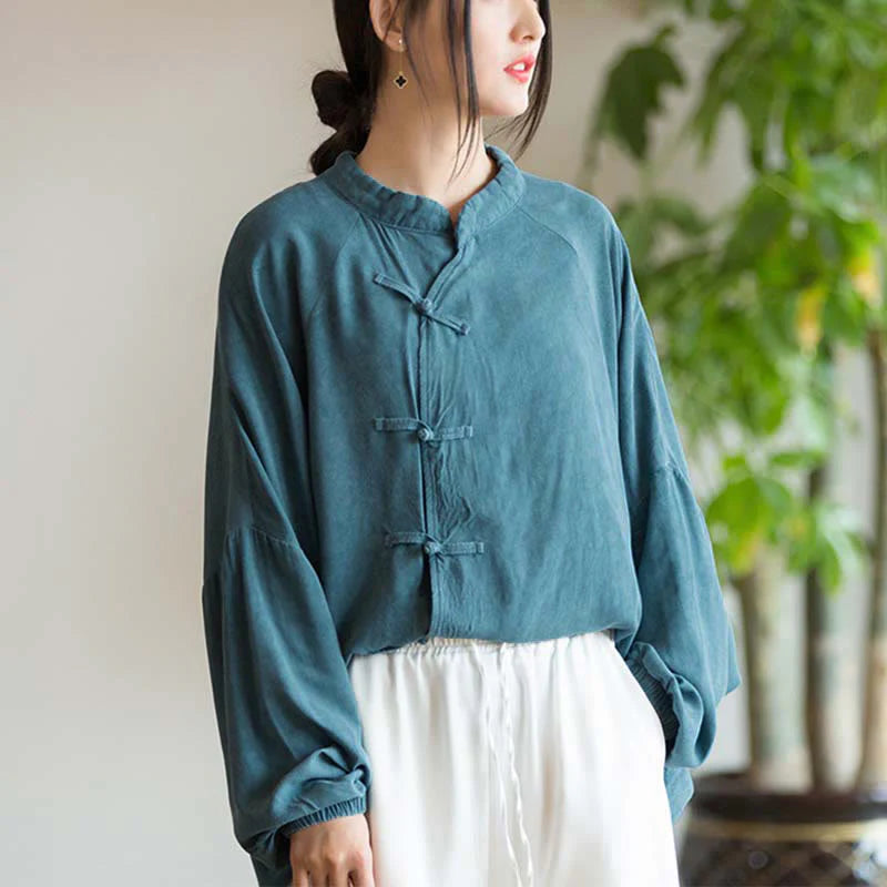 Buddha Stones Frog-Button Long Sleeve Shirt Zen Tai Chi Meditation Top Hanfu Clothing Jacket