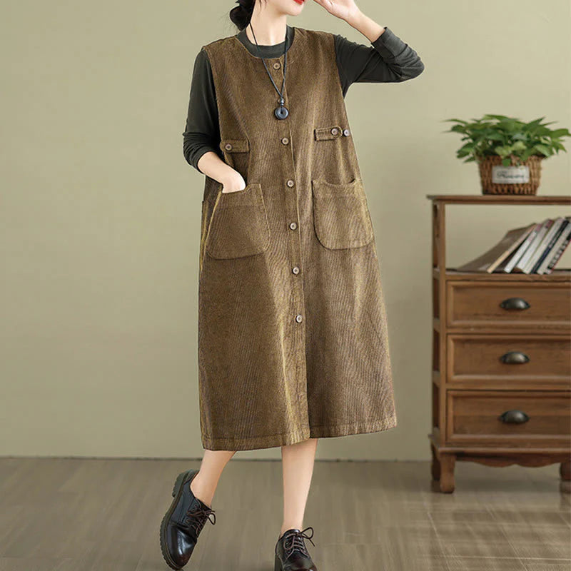 Buddha Stones Pure Colo Buttons Sleeveless Midi Dress With Pockets