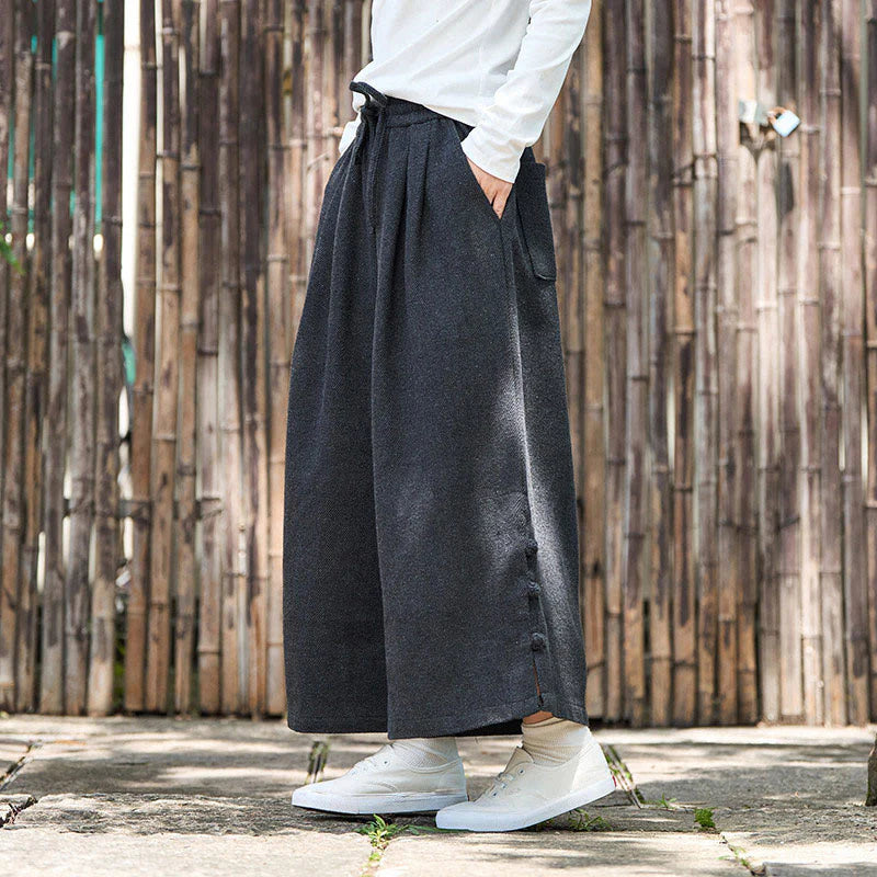 Buddha Stones Winter Chinese Frog-Button Design Corduroy Thermal Men's Wide Leg Pants With Pockets