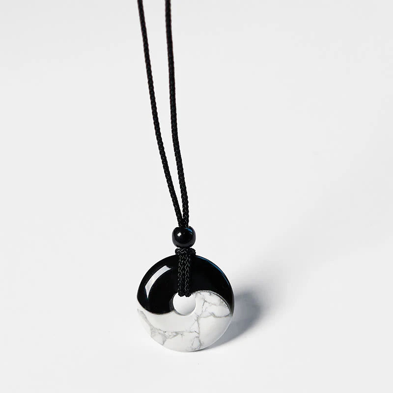 Buddha Stones Natural Black Obsidian White Turquoise Yin Yang Peace Buckle Design Braided String Strength Necklace Pendant