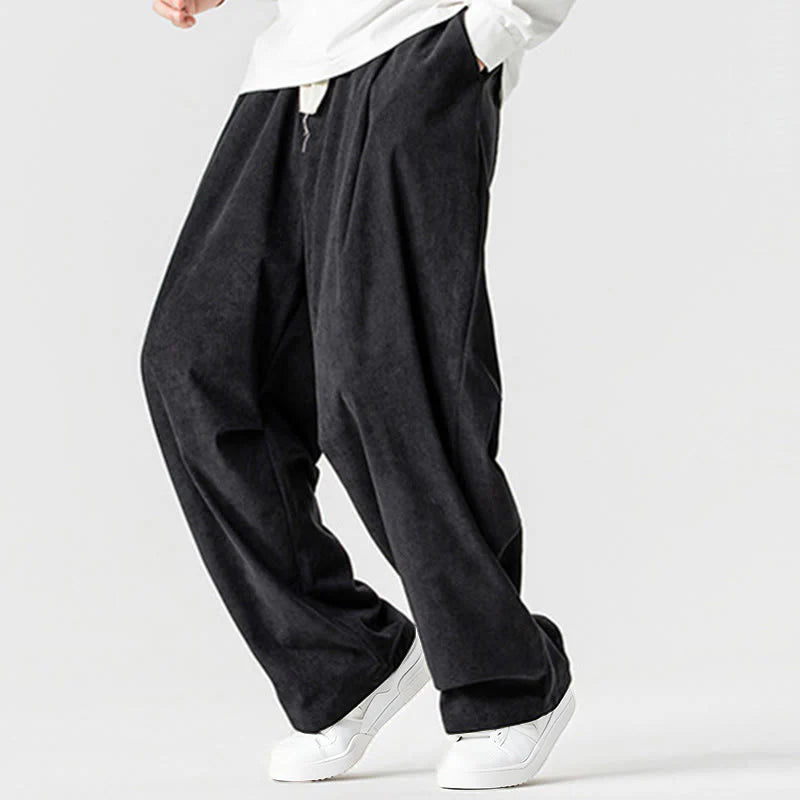 Buddha Stones Winter Drawstring Corduroy Cotton Men's Wide Leg Pants With Pockets