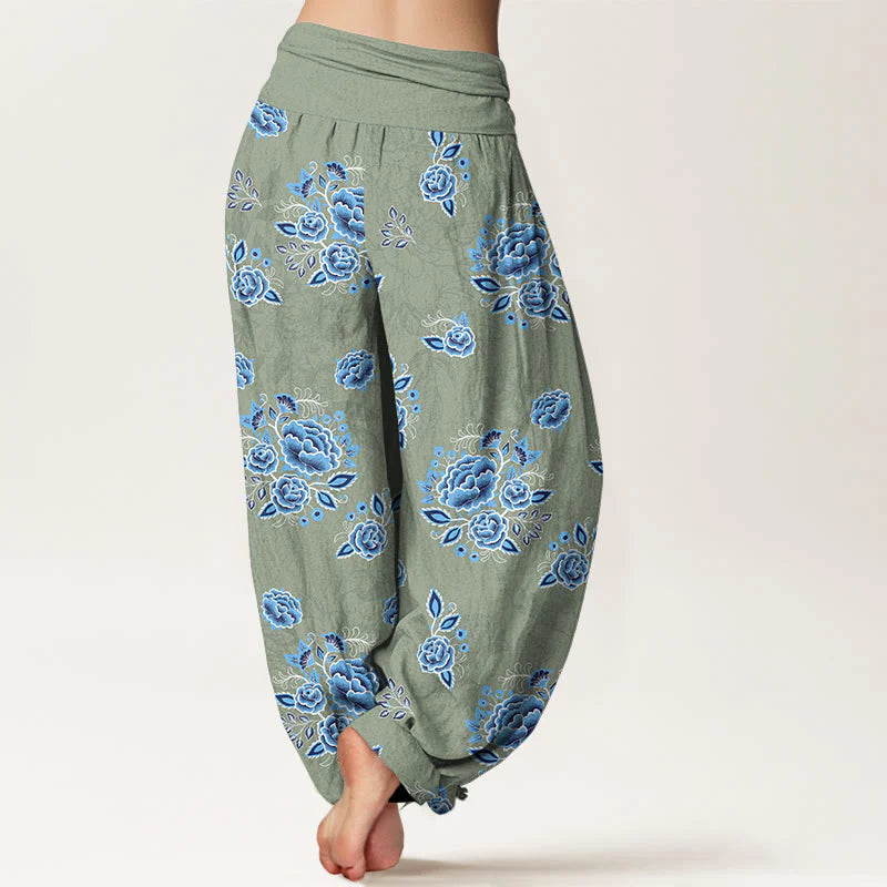 Buddha Stones Pure Cotton Blue Flower Pattern Women's Elastic Waist Harem Pants