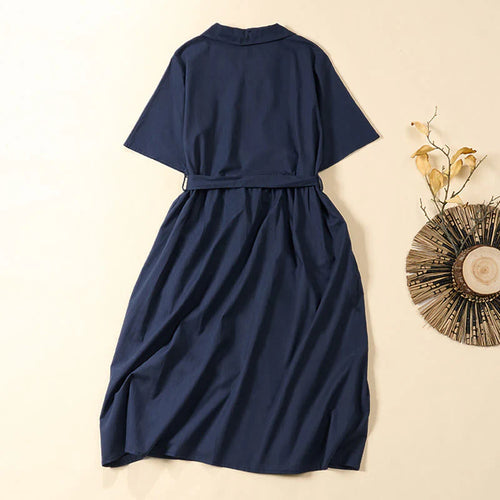 Buddha Stones Summer Solid Color Lace-up A-line Design Short Sleeve Midi Dress With Pockets