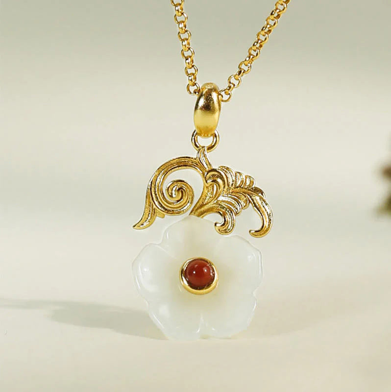 Buddha Stones Hetian Jade Flower 925 Sterling Silver Luck Necklace Pendant