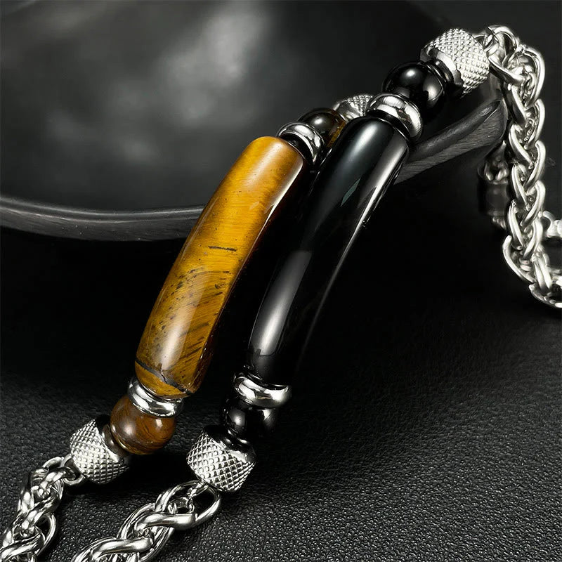 Buddha Stones Tiger Eye Black Obsidian Stone Titanium Steel Strength Buckle Bracelet