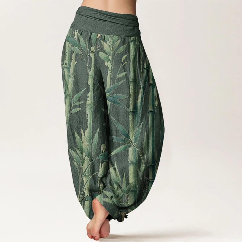 Buddha Stones Cotton Casual Bamboo Leaves Pattern Women's Elastic Waist Harem Pants
