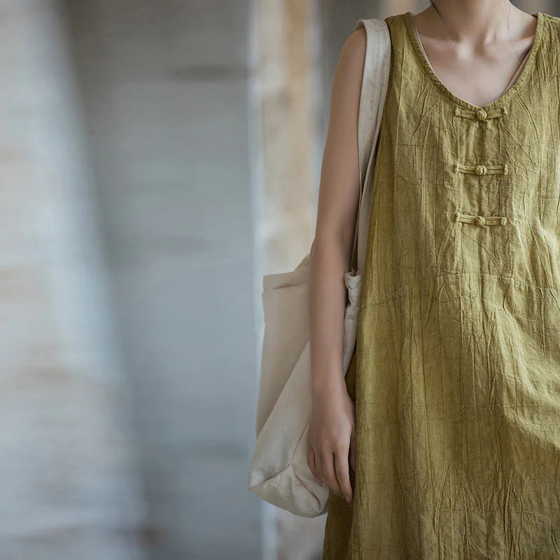 Buddha Stones Frog-Button Sleeveless Cami Midi Dress Ramie Linen Wide Leg Pants With Pockets