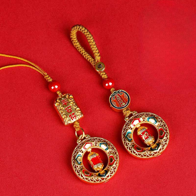 Buddha Stones Copper Prayer Wheel Five Directions Gods Of Wealth Balance Rotatable Key Chain