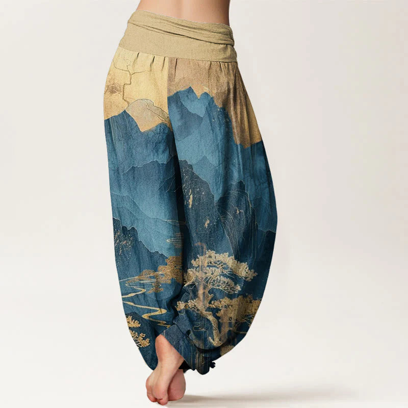 Buddha Stones Cotton Casual Mountains Trees Branches Pattern Women's Elastic Waist Harem Pants