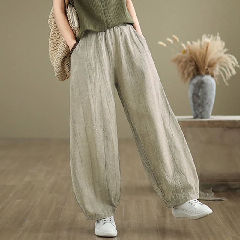 Buddha Stones Casual Plain Women's Cotton Linen Harem Pants With Pockets
