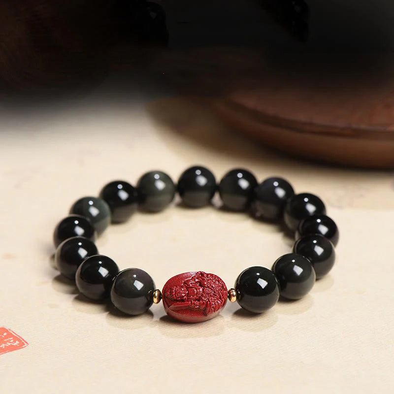Buddha Stones Chinese Zodiac Natal Buddha Natural Black Obsidian Cinnabar Purification Bracelet (Extra 35% Off | USE CODE: FS35)