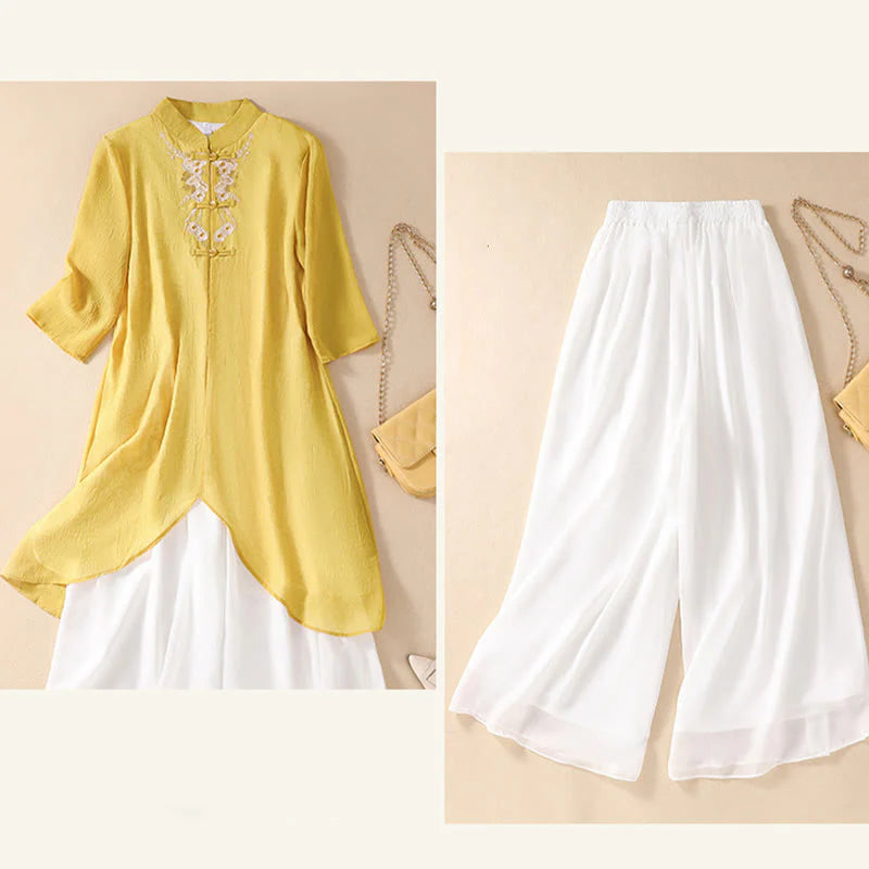 Buddha Stones Women's Flower Embroidery Frog-Button Shirt Dress Wide Leg Pants