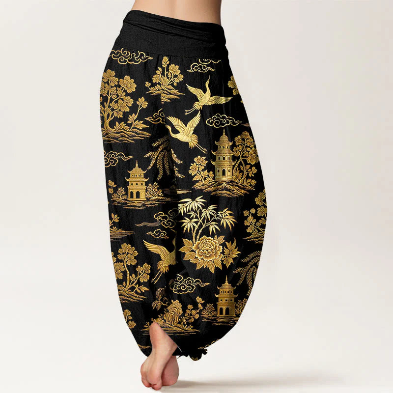 Buddha Stones Cotton Gorgeous Tree Crane Architecture Cloud Peony Pattern Women's Elastic Waist Harem Pants