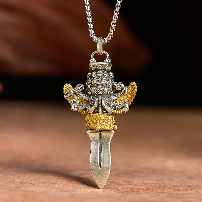 Buddha Stones Tibetan Vajra Three Heads Six Arms Design Copper Healing Spiritual Power Necklace Pendant