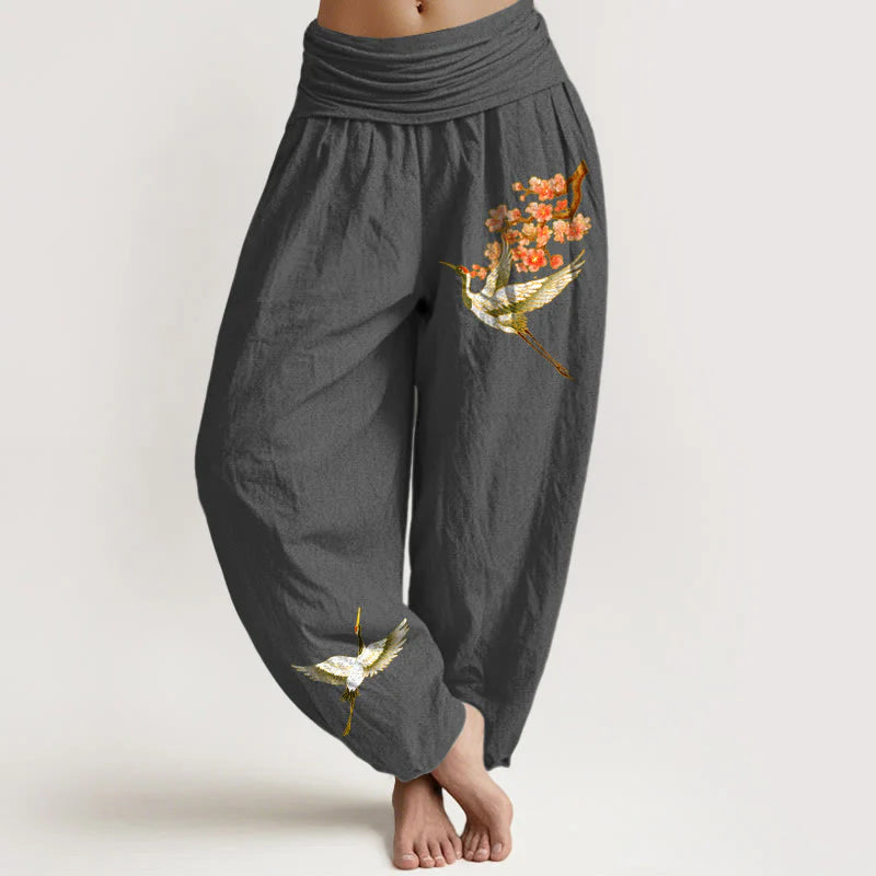Buddha Stones Plain Crane Peach Blossom Pattern Women's Elastic Waist Harem Pure Cotton Pants