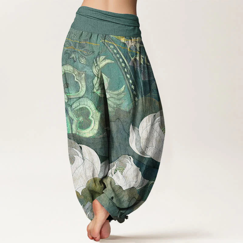 Buddha Stones Cotton White Lotus Leaves Pattern Casual Women's Elastic Waist Harem Pants