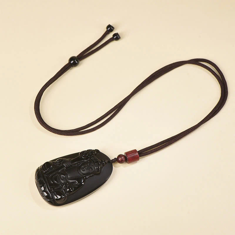 Buddha Stones Ksitigarbha Buddha Pattern Black Obsidian Fulfilment Necklace Pendant