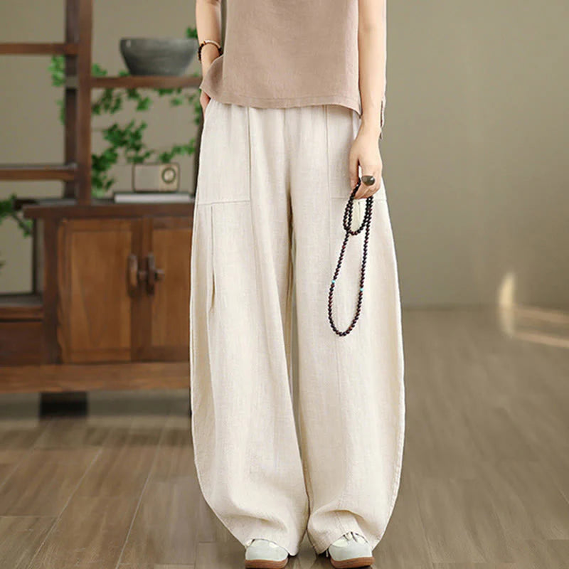Buddha Stones Solid Color Cotton Linen Women's Straight Leg Pants With Pockets