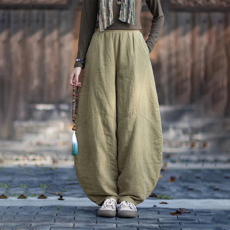 Buddha Stones Winter Elastic Waist Ramie Cotton Thermal Women's Pants With Pockets