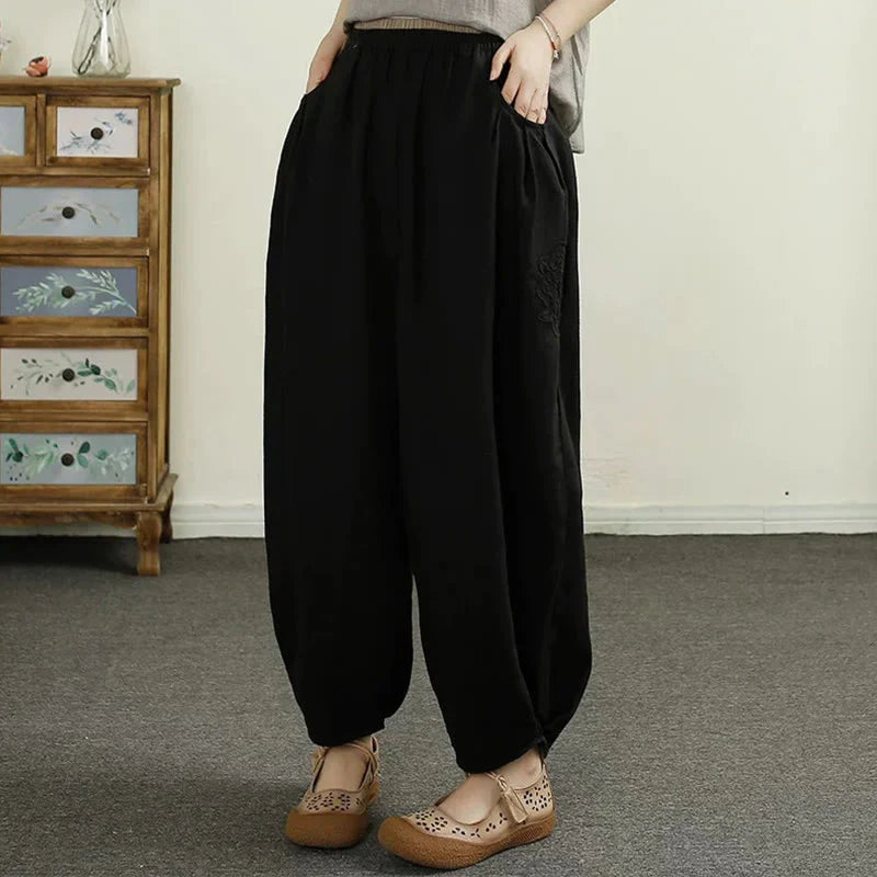 Buddha Stones Vintage Solid Color Embroidery Cotton Linen Women's 7-8 Length Harem Pants With Pockets