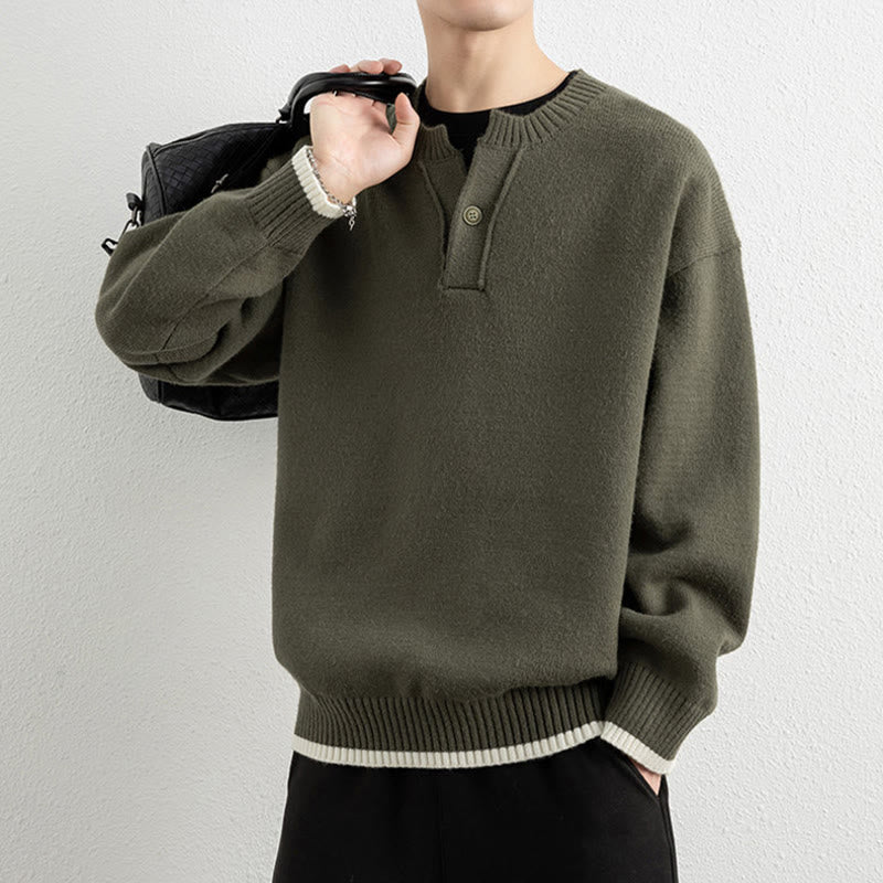 Buddha Stones Winter V-Neck One Button Design Warm Men's Long Sleeve Knitted Sweater