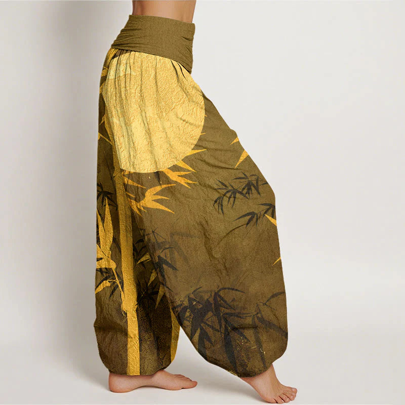 Buddha Stones Cotton Bamboo Leaves Full Moon Pattern Women's Elastic Waist Harem Pants
