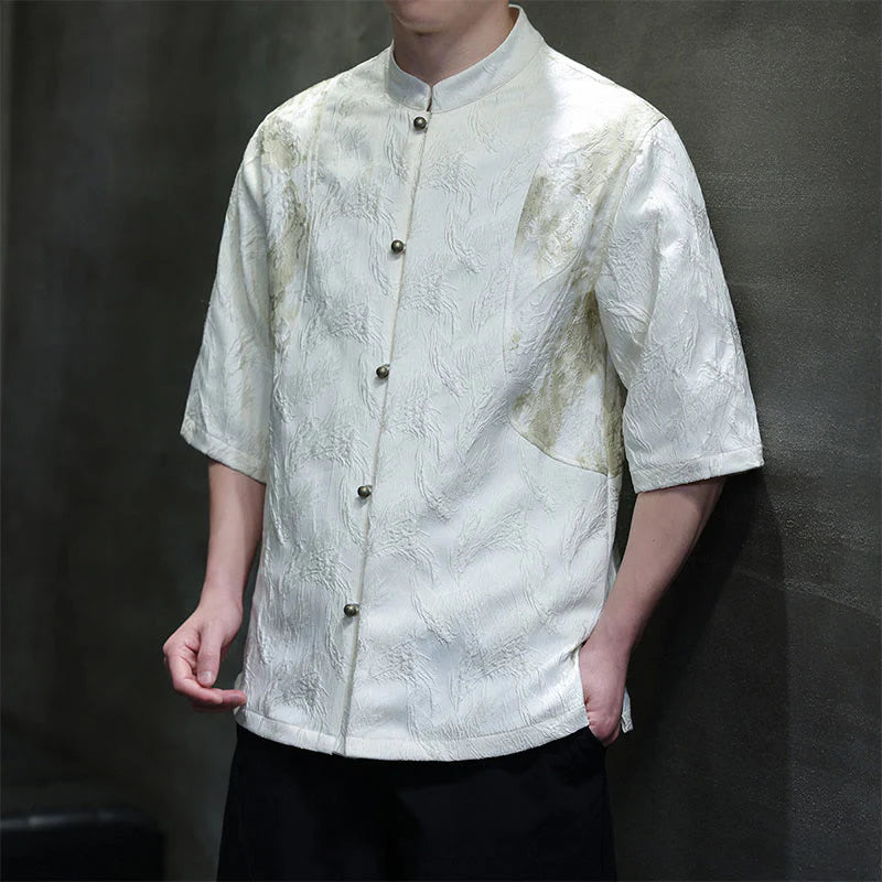 Buddha Stones Textured Jacquard Bagua Pattern Button Tang Suit Men's Half Sleeve Cotton Shirt