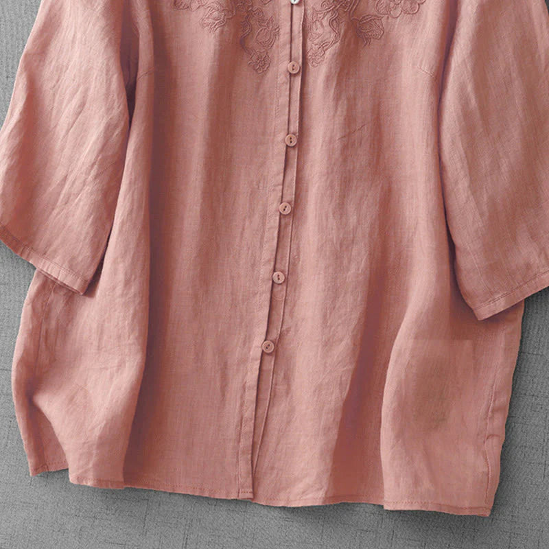 Buddha Stones Artistic Pure Color Embroidered Front Button Design Women's Cotton Half Sleeve Shirt Cardigan