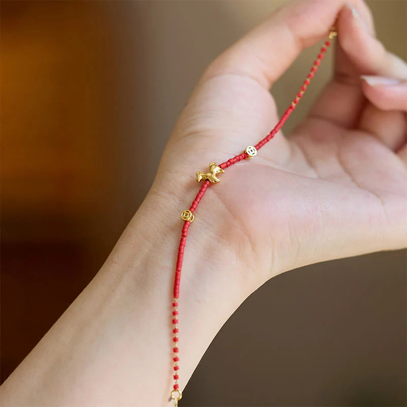 Buddha Stones 925 Sterling Silver Plated Gold Year of the Horse Red Liuli Glass Prosperity Bracelet