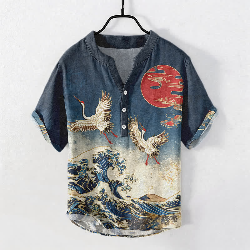 Buddha Stones Cotton Crane Wave Sun Pattern Men's Short Sleeve Half Button Shirt