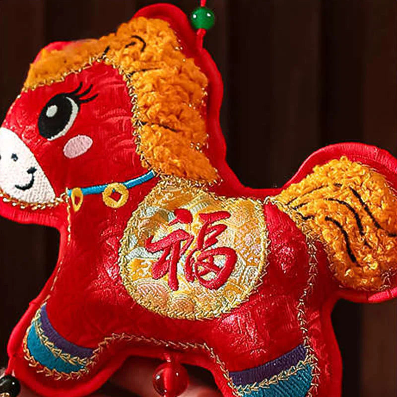 Buddha Stones Embroidery Year Of The Horse Fu Character Copper Coin Shape Red String Hanging Decoration