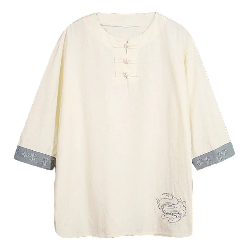 Buddha Stones Summer Embroidery Plain Frog-Button Men's Crew Neck Half Sleeve Cotton Linen Shirt Clothing