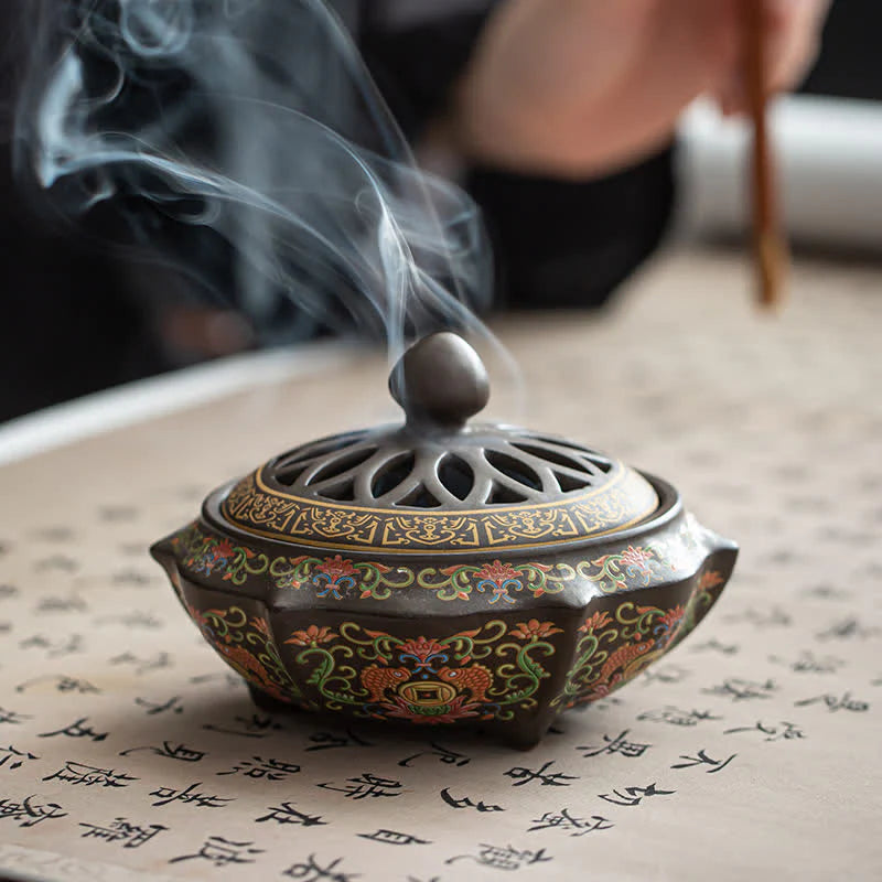 Buddha Stones Tibetan Floral Pattern Ceramic Blessing Incense Burner Decoration (Extra 35% Off | USE CODE: FS35)