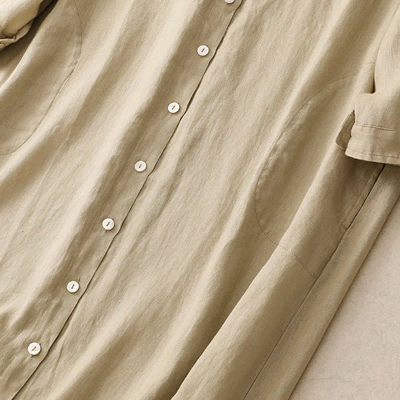 Buddha Stones Fall Commute Plain Buttons Design Long Sleeve Cotton Midi Dress With Pockets