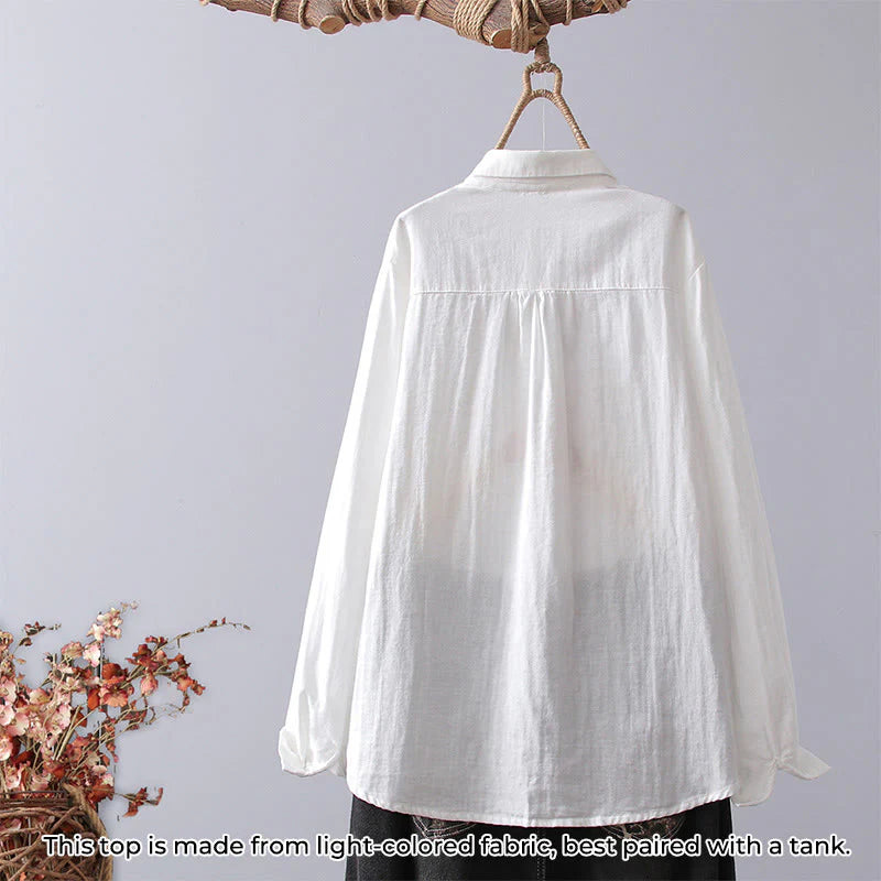 Buddha Stones Fall White Geometric Striped Flower Embroidery Button Women's Cotton Long Sleeve Shirt
