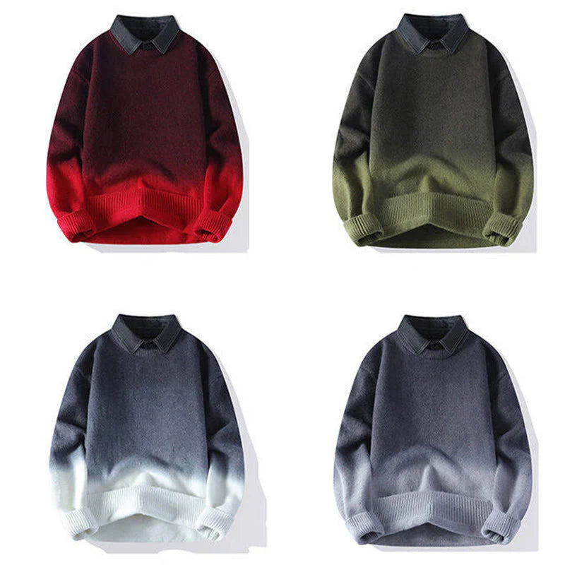 Buddha Stones Winter Stand Collar Gradient Color Design Warm Men's Long Sleeve Knitted Sweater