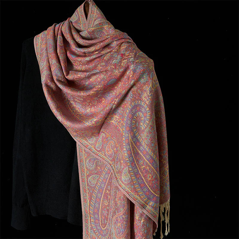 Buddha Stones Spring Red Pink Cashew Flower Geometric Stripes Pattern Tassel Cozy Scarf Shawl