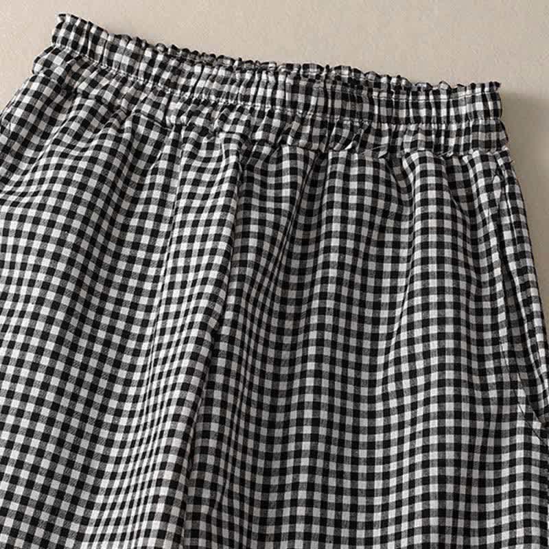 Buddha Stones Summer Plaid Elastic Waist Cropped Women's Tapered Pants With Pockets