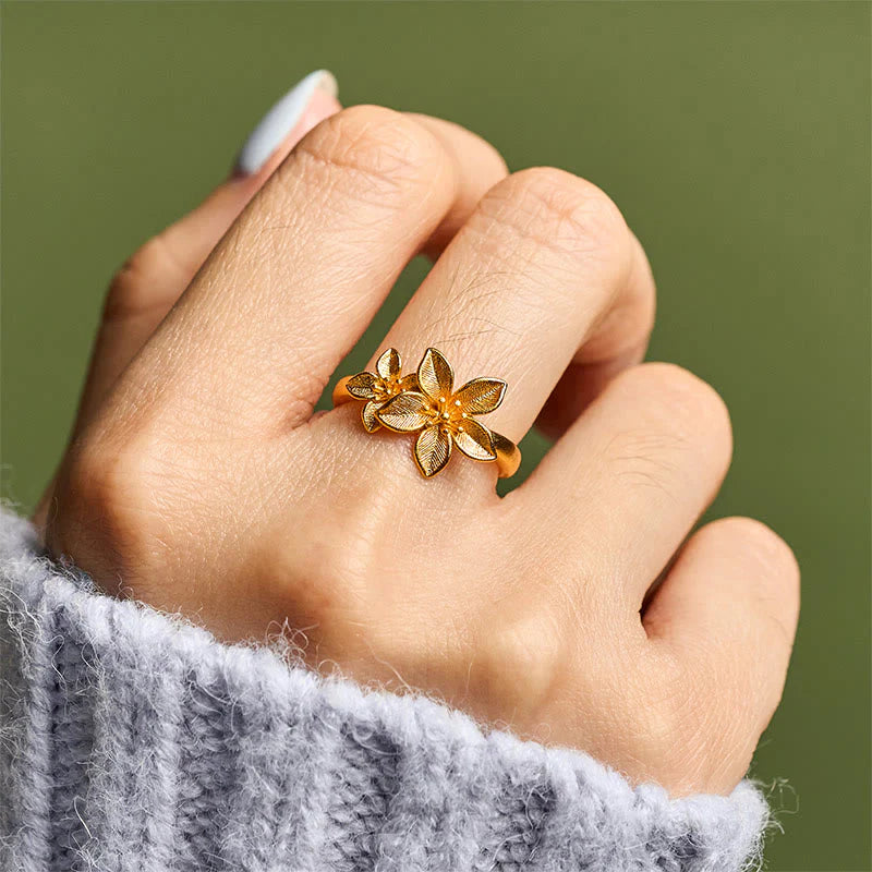 Buddha Stones Lilac Flower Adjustable 24k Gold Plated Copper Brass Ring